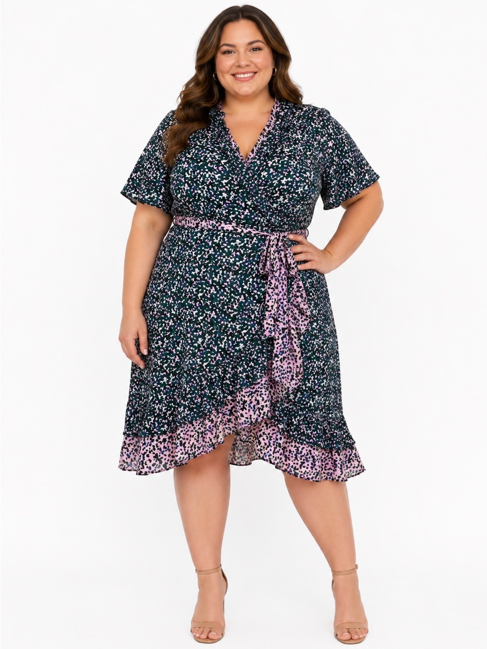 Eloquii Green and Pink Floral Wrap Dress